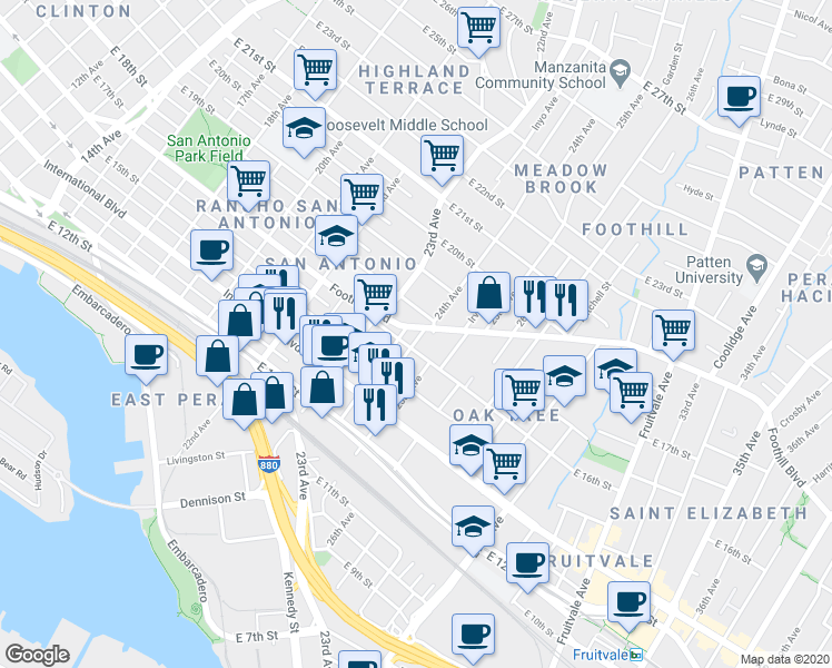 map of restaurants, bars, coffee shops, grocery stores, and more near 1704 24th Avenue in Oakland