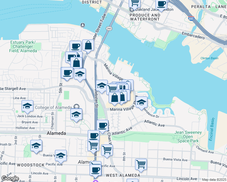 map of restaurants, bars, coffee shops, grocery stores, and more near 1001-1301 Marina Village Parkway in Alameda