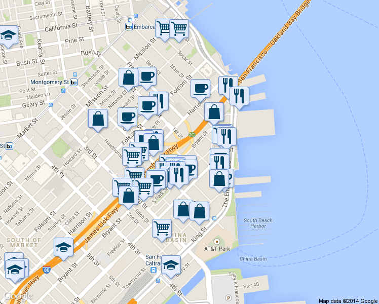 map of restaurants, bars, coffee shops, grocery stores, and more near 501 Delancey Street in San Francisco