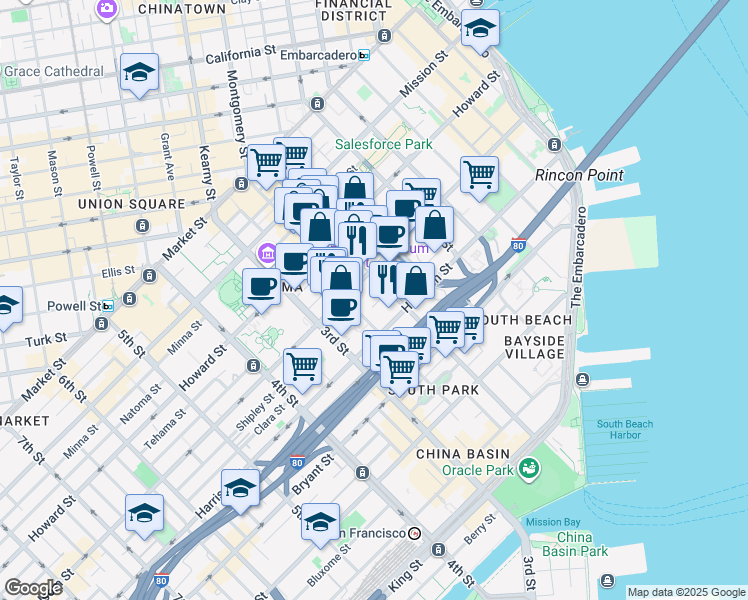 map of restaurants, bars, coffee shops, grocery stores, and more near in San Francisco