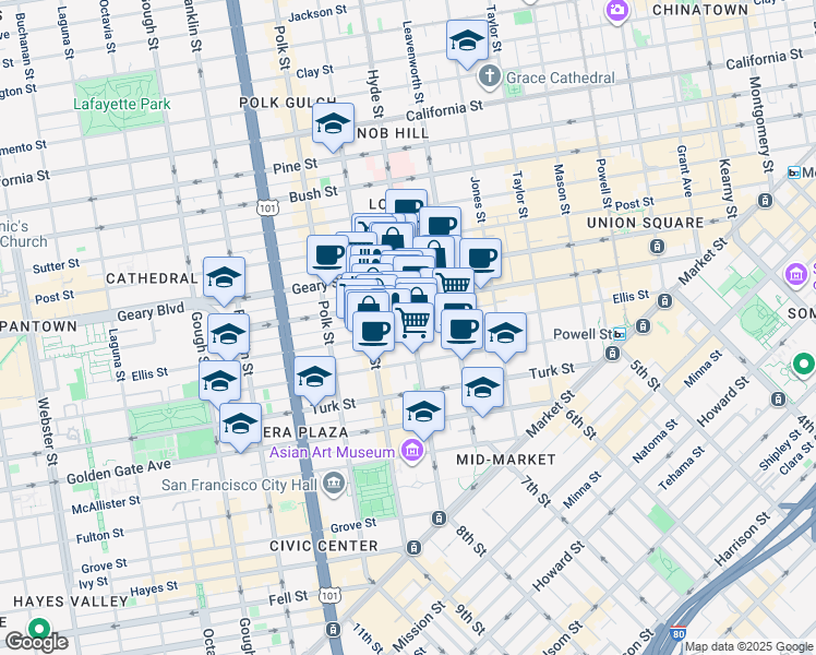 map of restaurants, bars, coffee shops, grocery stores, and more near in San Francisco