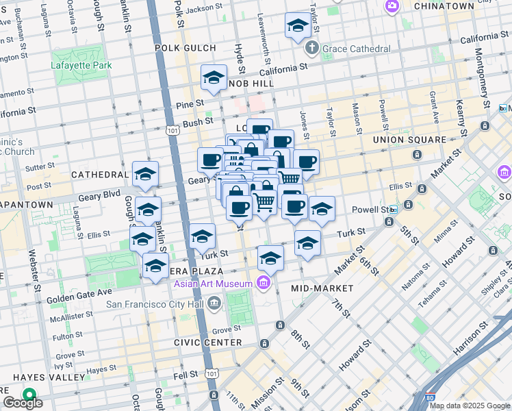 map of restaurants, bars, coffee shops, grocery stores, and more near in San Francisco