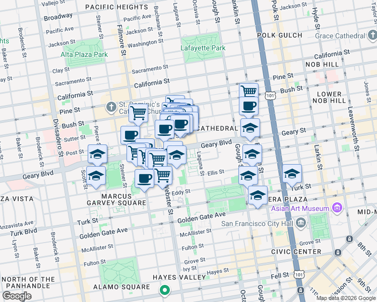 map of restaurants, bars, coffee shops, grocery stores, and more near 1521 Laguna Street in San Francisco