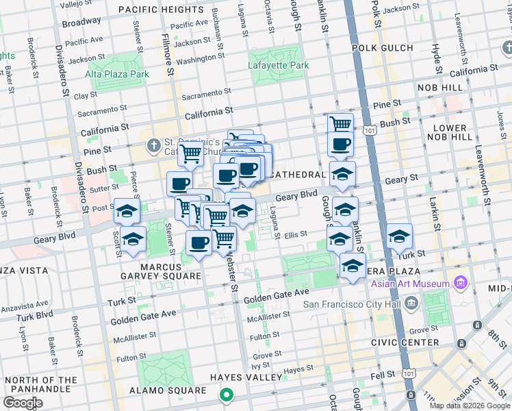map of restaurants, bars, coffee shops, grocery stores, and more near 1521 Laguna Street in San Francisco