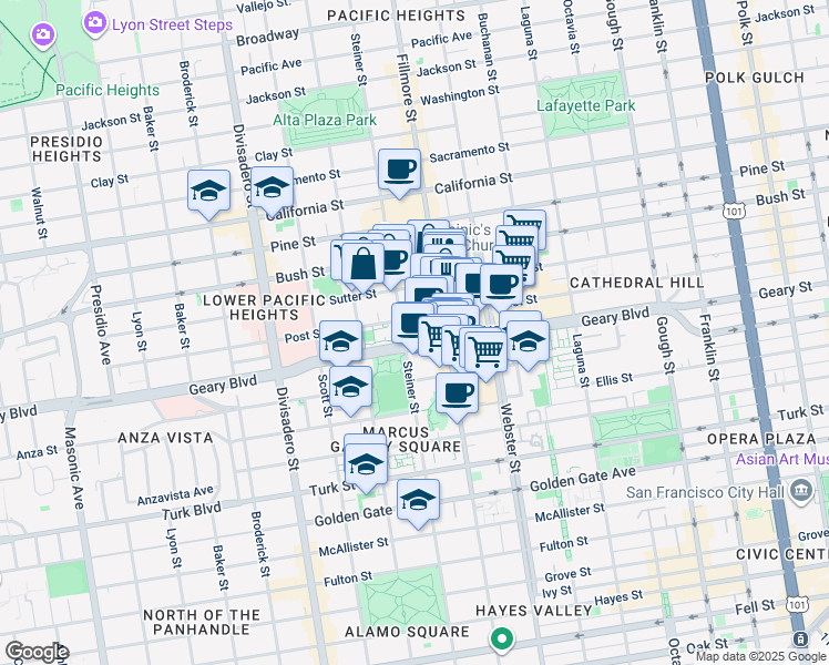 map of restaurants, bars, coffee shops, grocery stores, and more near 1970 Post Street in San Francisco
