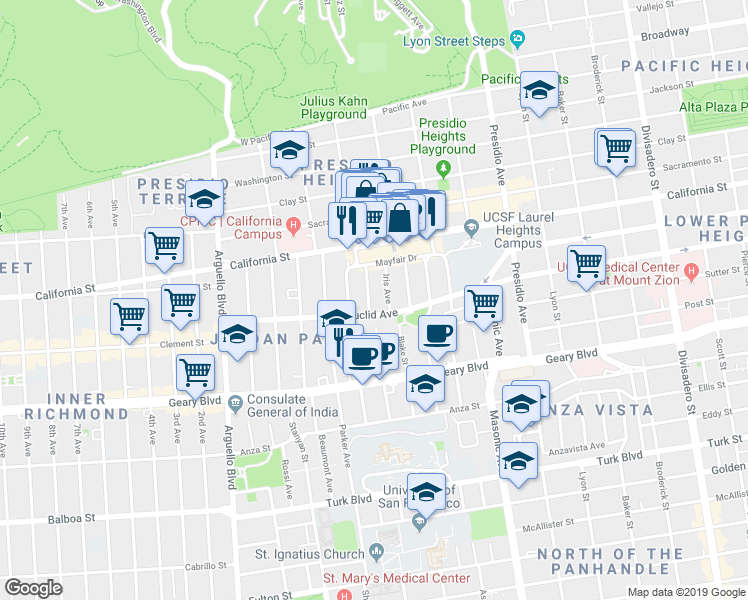 map of restaurants, bars, coffee shops, grocery stores, and more near 38 Heather Avenue in San Francisco