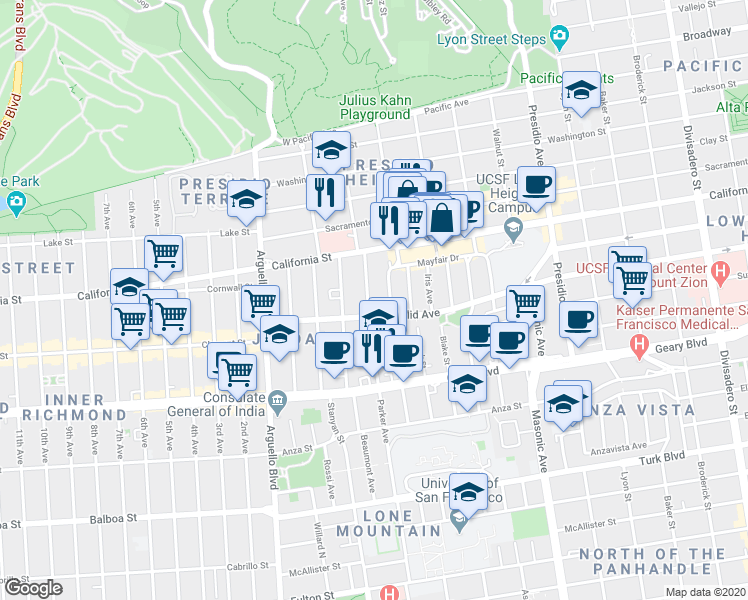 map of restaurants, bars, coffee shops, grocery stores, and more near 561 Spruce Street in San Francisco