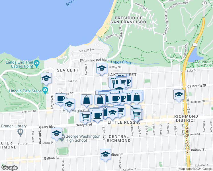 map of restaurants, bars, coffee shops, grocery stores, and more near 240 24th Avenue in San Francisco