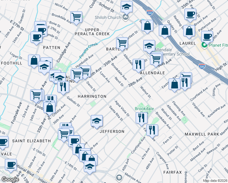 map of restaurants, bars, coffee shops, grocery stores, and more near 3704 Lyon Avenue in Oakland