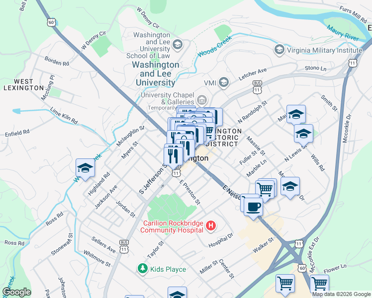 map of restaurants, bars, coffee shops, grocery stores, and more near 12 South Jefferson Street in Lexington