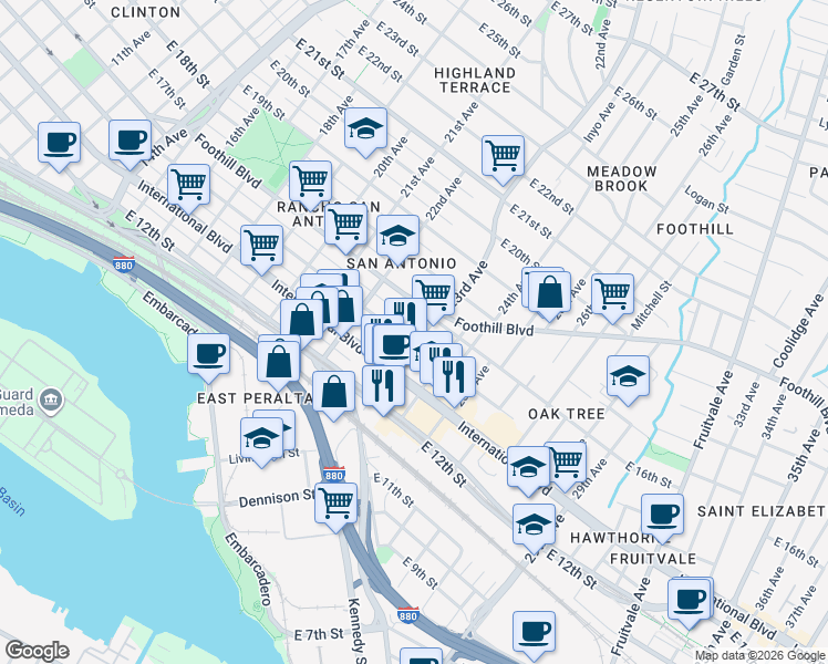 map of restaurants, bars, coffee shops, grocery stores, and more near 1529 23rd Avenue in Oakland