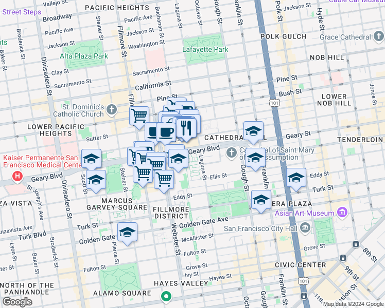 map of restaurants, bars, coffee shops, grocery stores, and more near 1555 Geary Boulevard in San Francisco