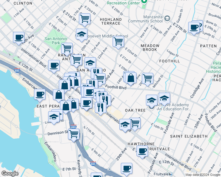 map of restaurants, bars, coffee shops, grocery stores, and more near 2375 Foothill Boulevard in Oakland
