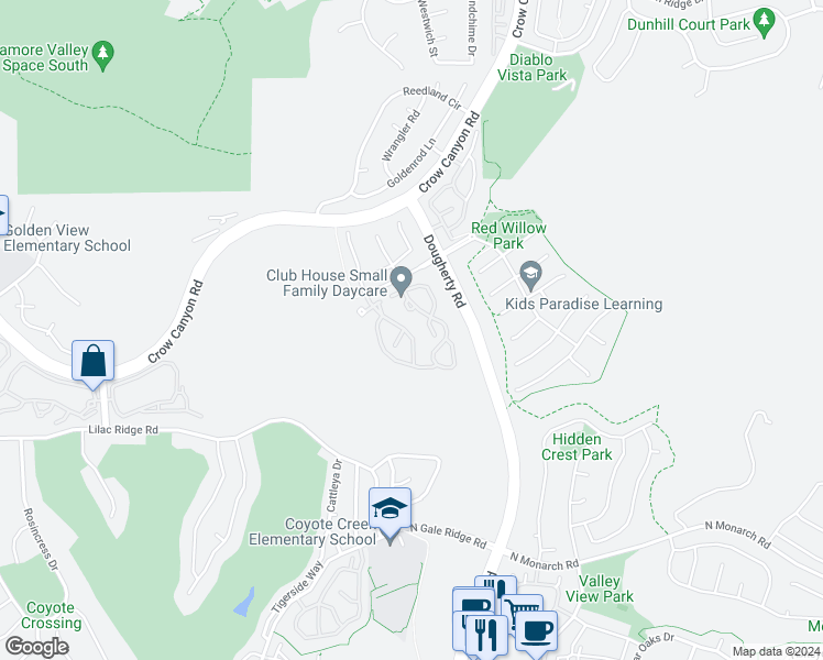 map of restaurants, bars, coffee shops, grocery stores, and more near 645 South Blackbrush Lane in San Ramon