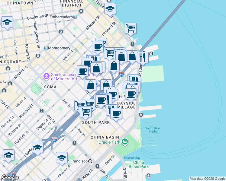 map of restaurants, bars, coffee shops, grocery stores, and more near 501 Delancey Street in San Francisco