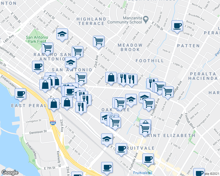 map of restaurants, bars, coffee shops, grocery stores, and more near Foothill Blvd & 25th Ave in Oakland