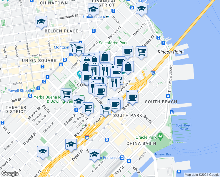 map of restaurants, bars, coffee shops, grocery stores, and more near in San Francisco