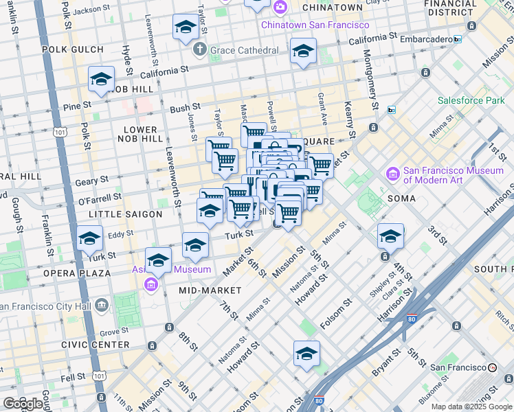 map of restaurants, bars, coffee shops, grocery stores, and more near 55 Cyril Magnin Street in San Francisco