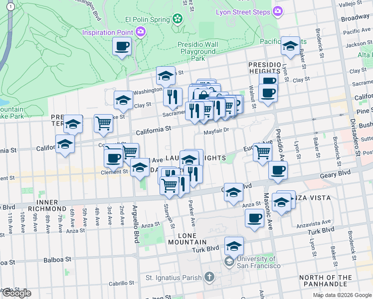map of restaurants, bars, coffee shops, grocery stores, and more near 561 Spruce Street in San Francisco
