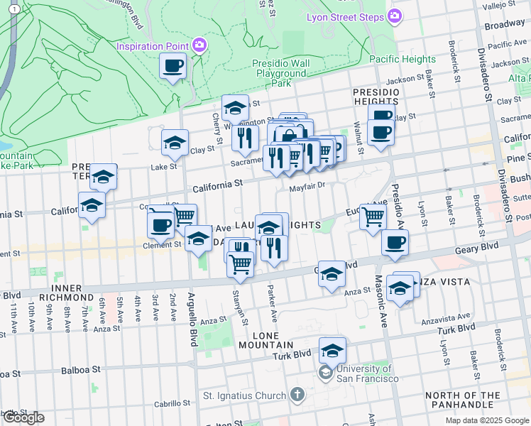 map of restaurants, bars, coffee shops, grocery stores, and more near 78 Parker Avenue in San Francisco
