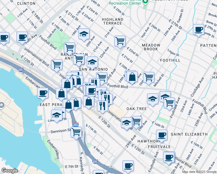 map of restaurants, bars, coffee shops, grocery stores, and more near 1607 Miller Avenue in Oakland