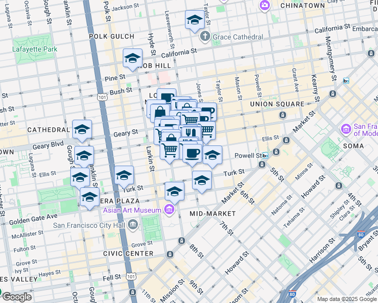 map of restaurants, bars, coffee shops, grocery stores, and more near Leavenworth Street & Ellis Street in San Francisco