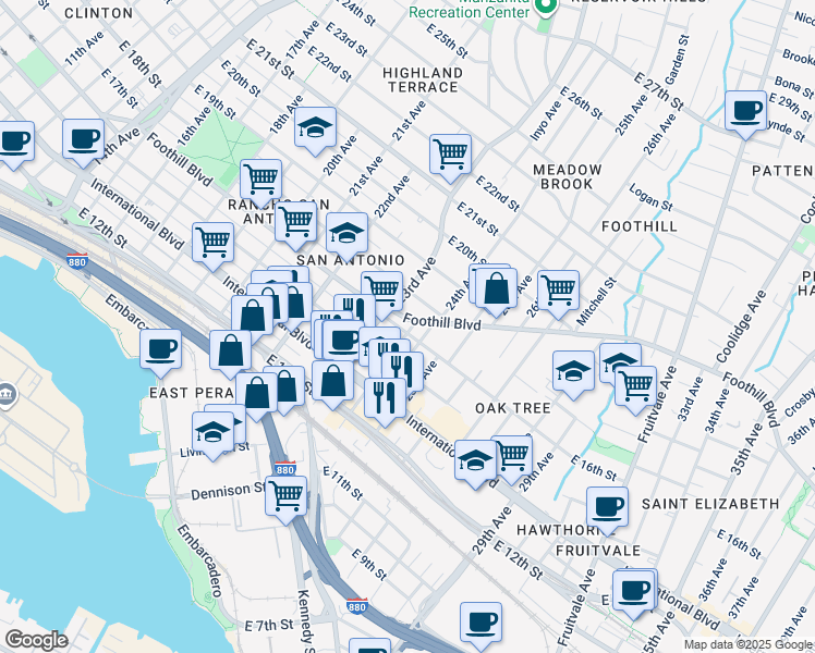 map of restaurants, bars, coffee shops, grocery stores, and more near 1607 Miller Avenue in Oakland