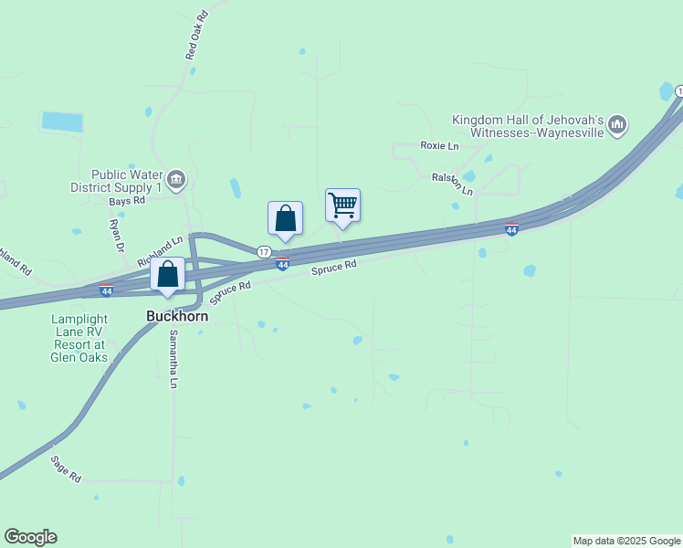 map of restaurants, bars, coffee shops, grocery stores, and more near 22818 Spruce Road in Waynesville