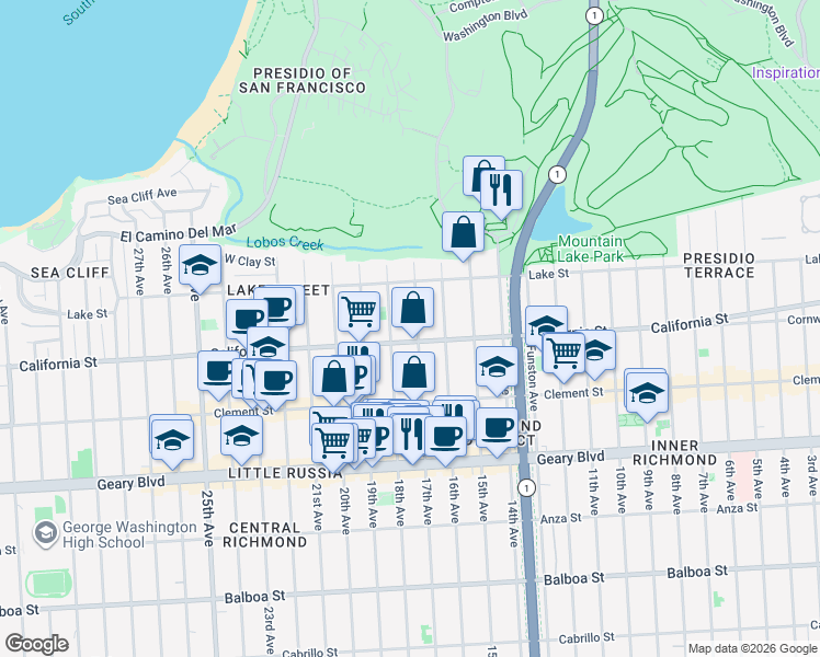 map of restaurants, bars, coffee shops, grocery stores, and more near 177 17th Avenue in San Francisco