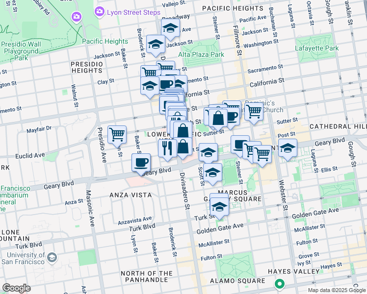 map of restaurants, bars, coffee shops, grocery stores, and more near 1600 Divisadero Street in San Francisco