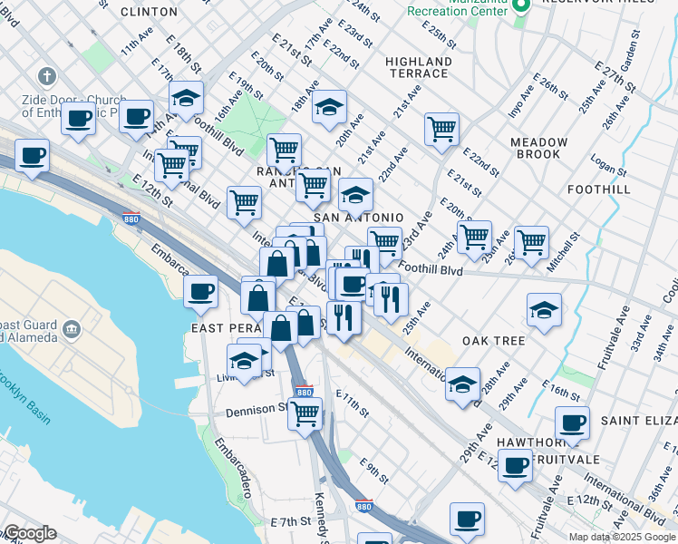 map of restaurants, bars, coffee shops, grocery stores, and more near 2241 East 15th Street in Oakland