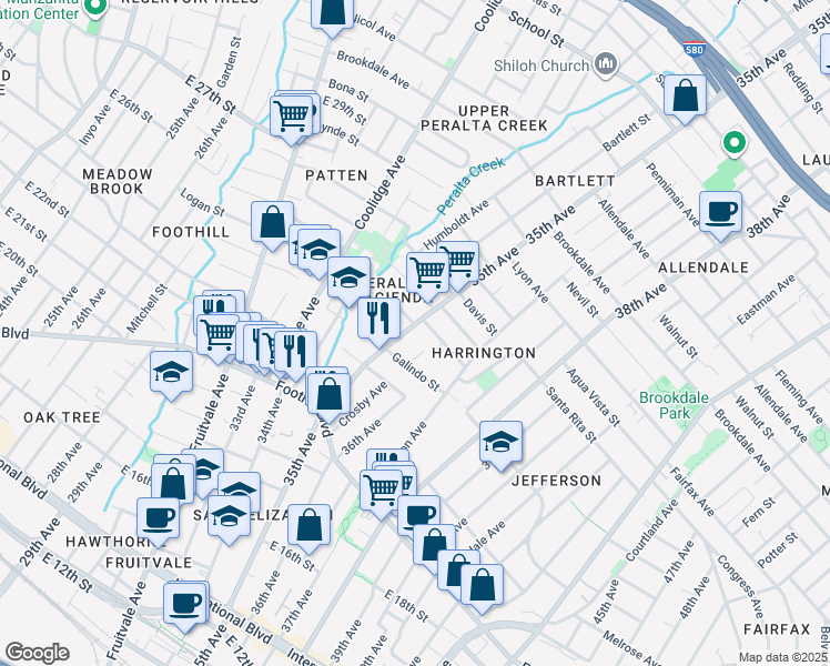 map of restaurants, bars, coffee shops, grocery stores, and more near 2150 35th Avenue in Oakland