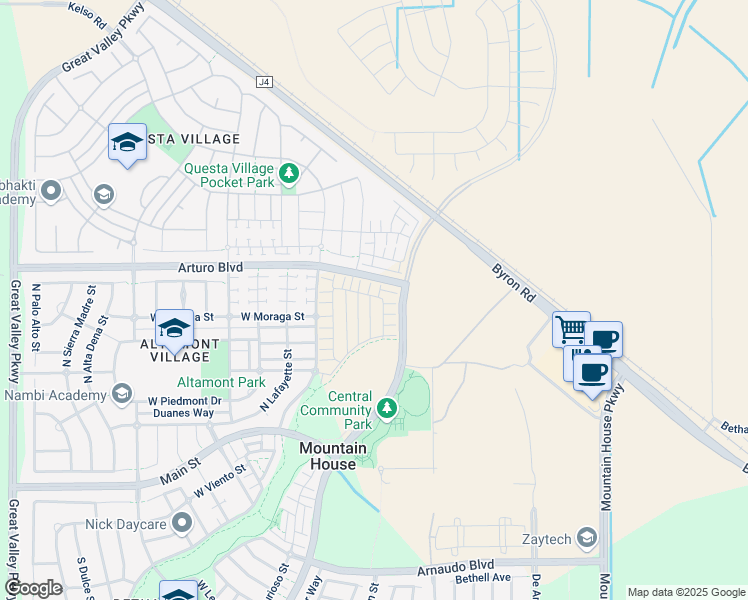 map of restaurants, bars, coffee shops, grocery stores, and more near De Anza Blvd in Tracy
