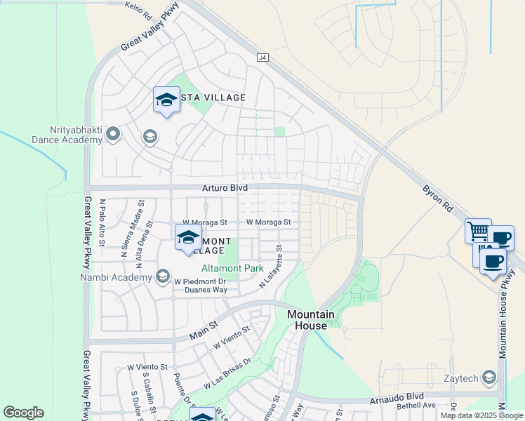 map of restaurants, bars, coffee shops, grocery stores, and more near 451 North Orinda Court in Tracy