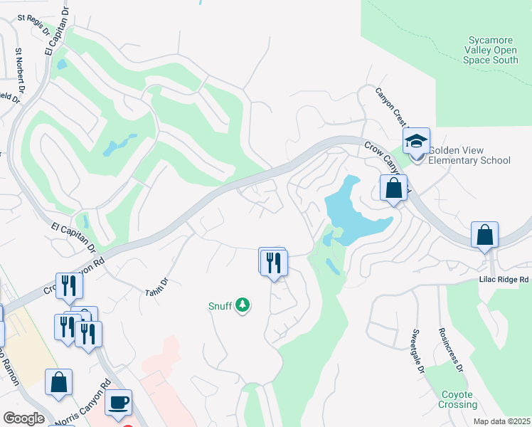 map of restaurants, bars, coffee shops, grocery stores, and more near 3745 Crow Canyon Road in San Ramon