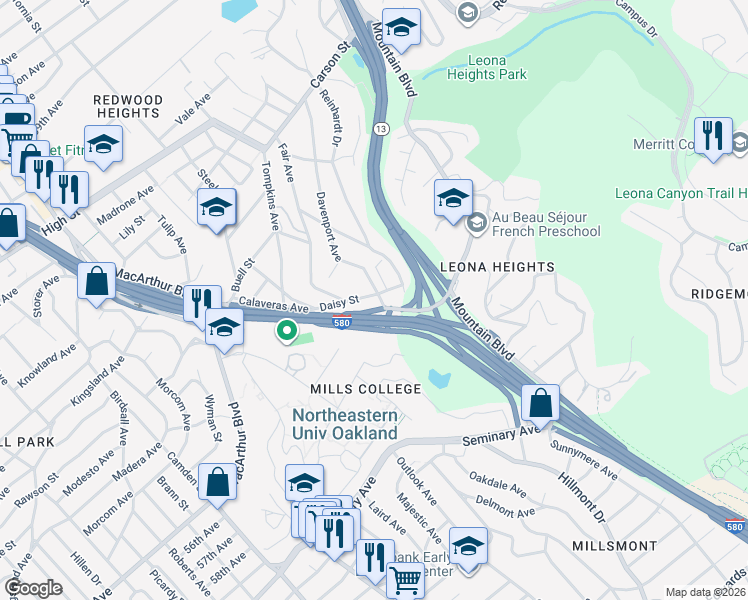 map of restaurants, bars, coffee shops, grocery stores, and more near 5100 Daisy Street in Oakland