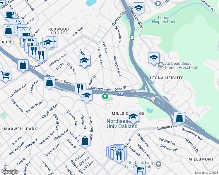 map of restaurants, bars, coffee shops, grocery stores, and more near 4791 Fair Avenue in Oakland