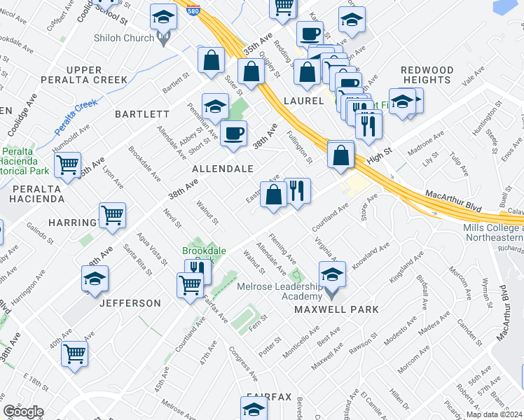 map of restaurants, bars, coffee shops, grocery stores, and more near 4129B Penniman Court in Oakland