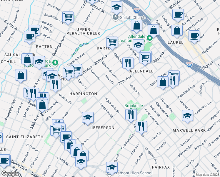 map of restaurants, bars, coffee shops, grocery stores, and more near 3704 Lyon Avenue in Oakland
