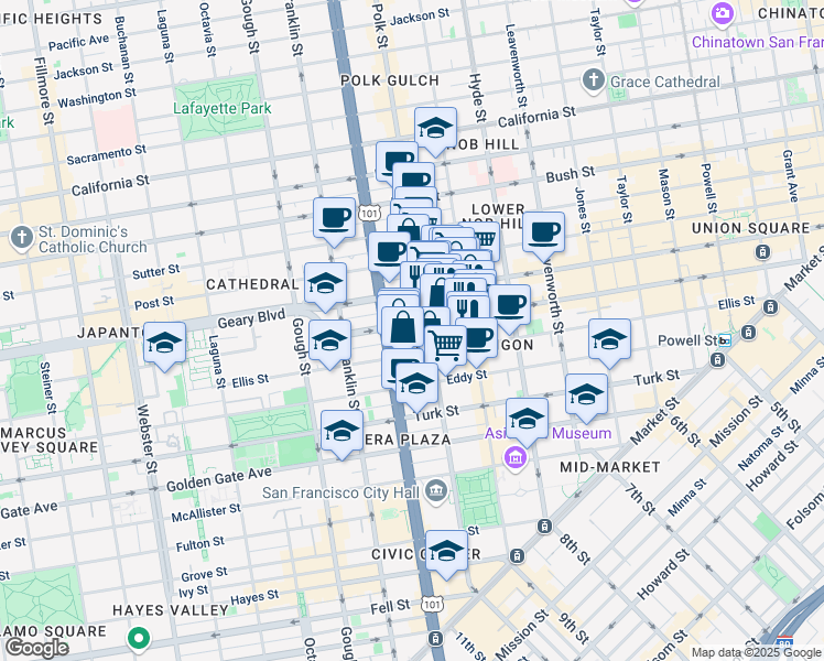 map of restaurants, bars, coffee shops, grocery stores, and more near 888 O'Farrell Street in San Francisco