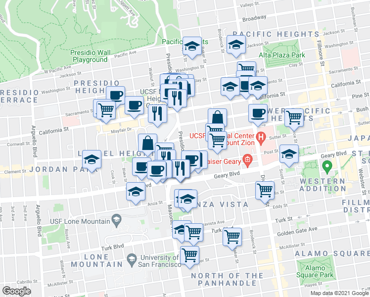map of restaurants, bars, coffee shops, grocery stores, and more near in San Francisco