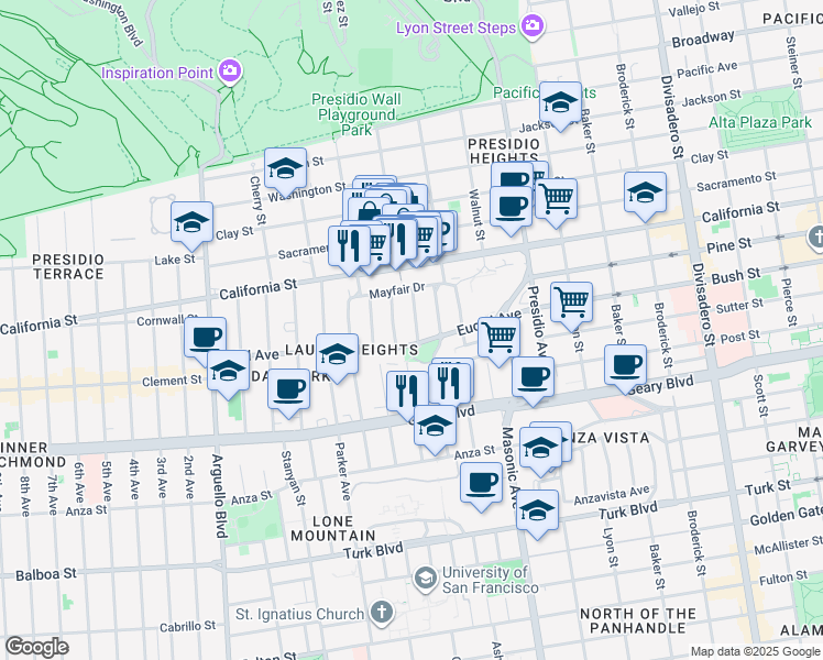 map of restaurants, bars, coffee shops, grocery stores, and more near 56 Manzanita Avenue in San Francisco