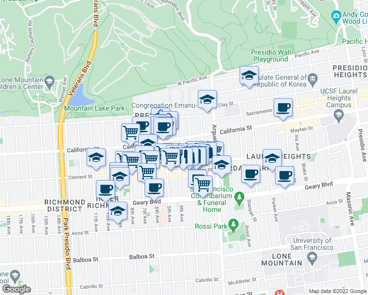 map of restaurants, bars, coffee shops, grocery stores, and more near 4101 California Street in San Francisco