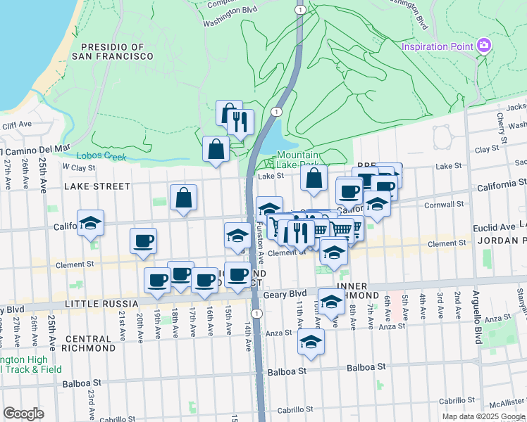 map of restaurants, bars, coffee shops, grocery stores, and more near 176 Funston Avenue in San Francisco