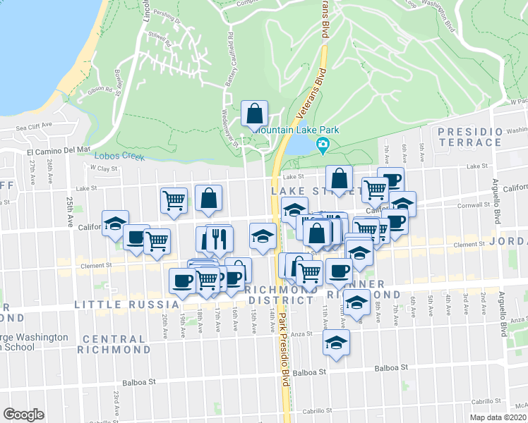map of restaurants, bars, coffee shops, grocery stores, and more near 171 14th Avenue in San Francisco