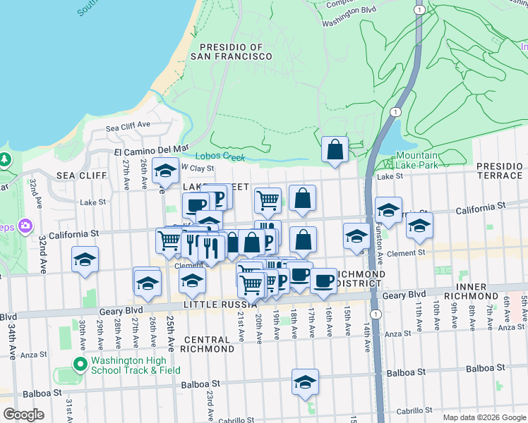map of restaurants, bars, coffee shops, grocery stores, and more near 160 20th Avenue in San Francisco