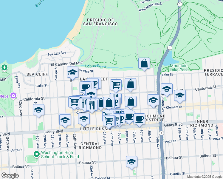 map of restaurants, bars, coffee shops, grocery stores, and more near 160 20th Avenue in San Francisco