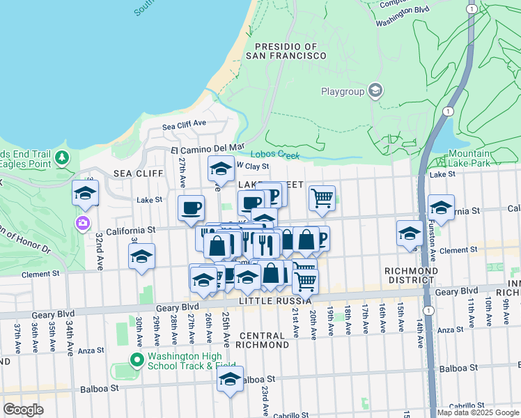 map of restaurants, bars, coffee shops, grocery stores, and more near 144 23rd Avenue in San Francisco