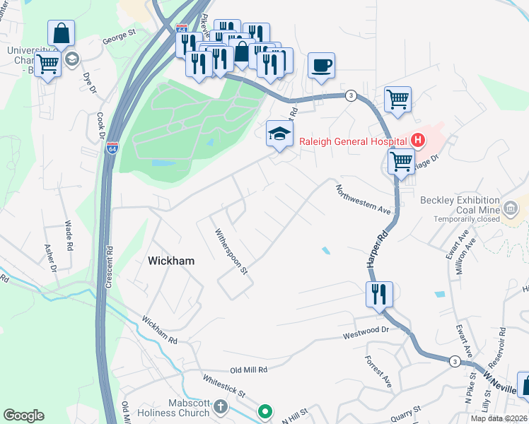 map of restaurants, bars, coffee shops, grocery stores, and more near 199 Lovell Street in Beckley