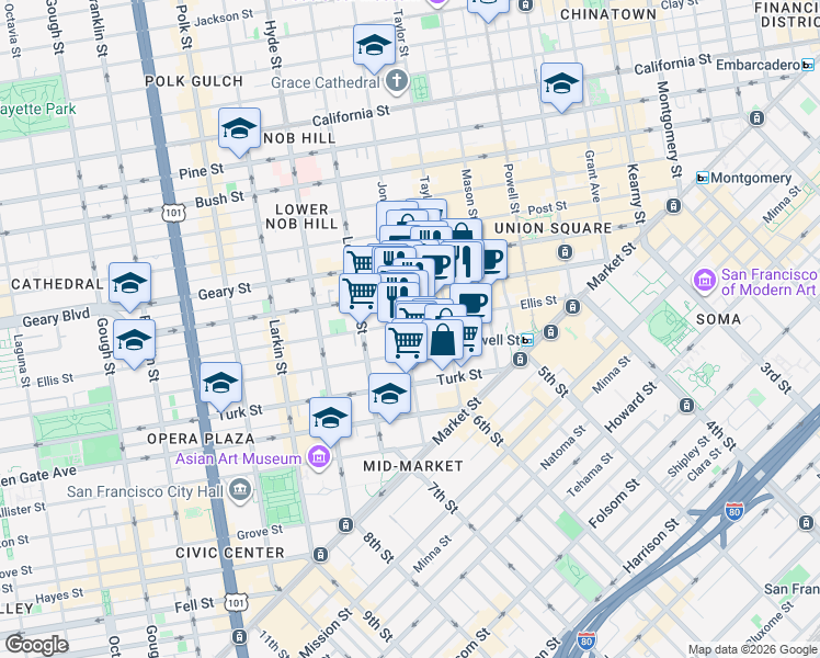 map of restaurants, bars, coffee shops, grocery stores, and more near 391 Ellis Street in San Francisco